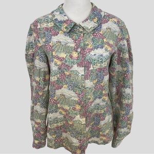 Vintage 80s Cheryl Tiegs Multicolor Vineyard Theme Novelty Print Button Down